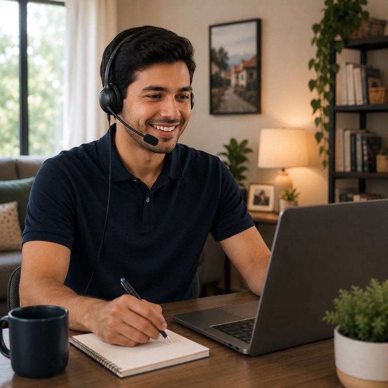 Customer service representative on a call with a headset