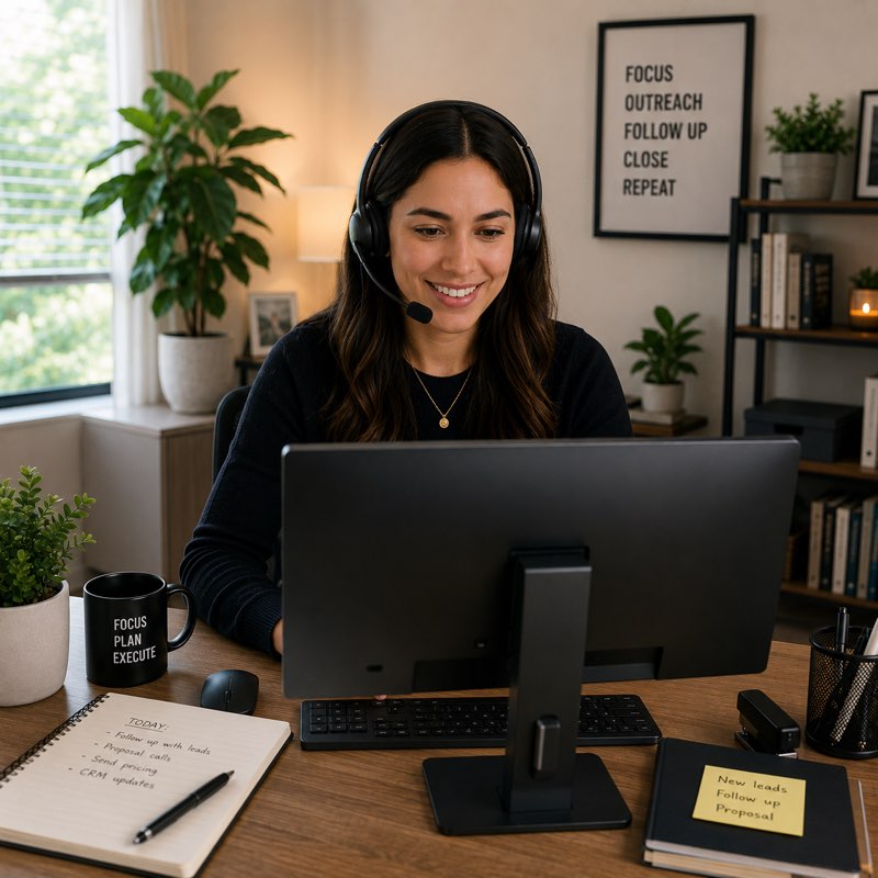 Sales representative working a pipeline at her desk