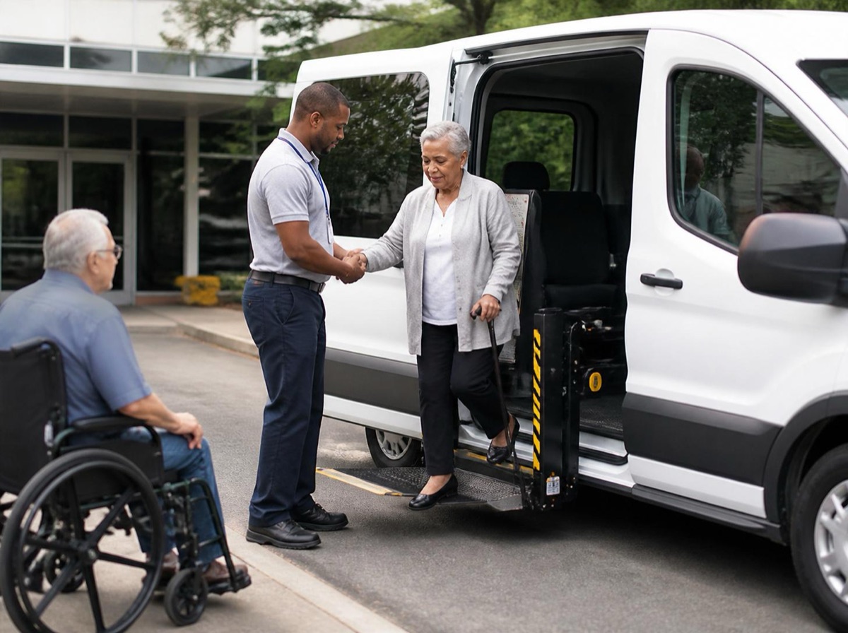 Driver helping a passenger board an accessible van