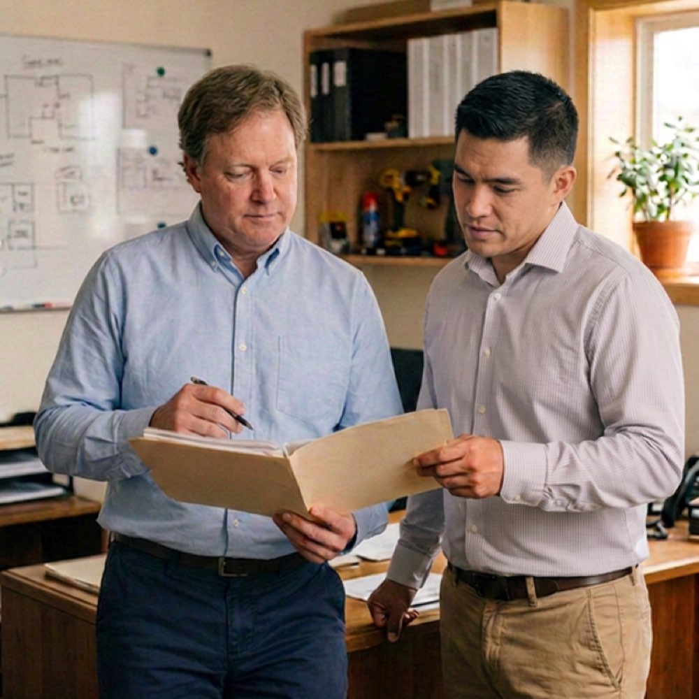 Two people reviewing an operations map